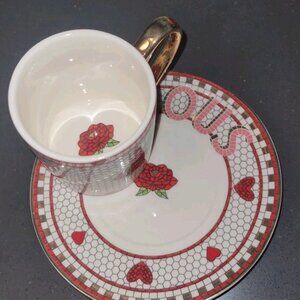 Anthropologie Bistro Tile Espresso Cup and Saucer 24K Gold Decaled New In Box